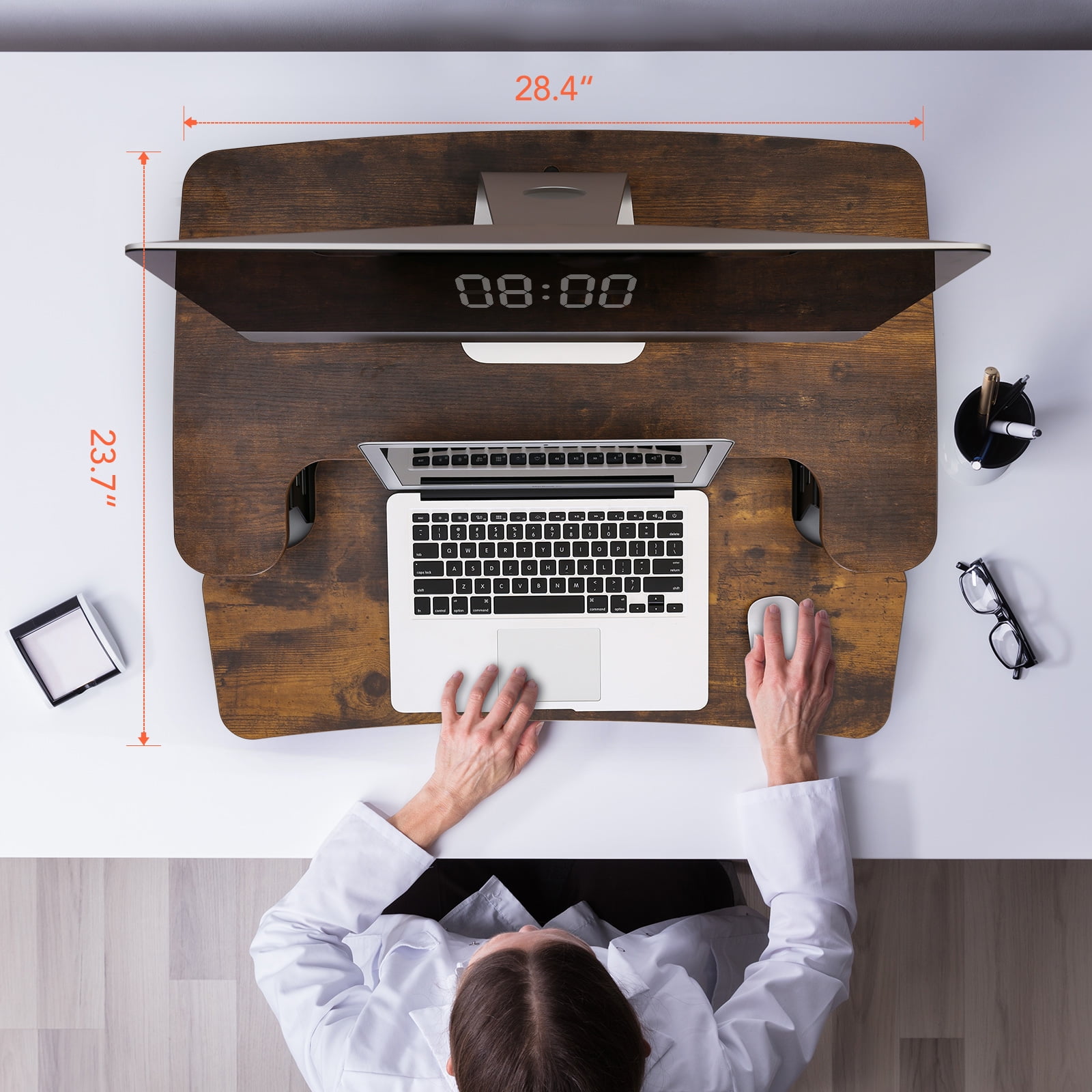 FitStand Home Office Height Adjustable Standing Desk Converter Special Walnut 28" U-Shape with Keyboard Tray MDF