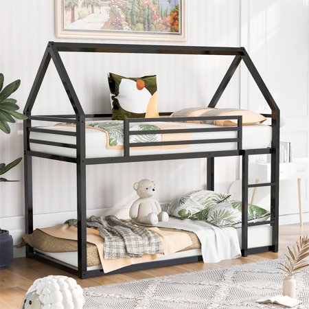 Twin Over Twin House Bunk Bed with Built-in Ladder and Safety Guardrail for Kids Girls Boys  Metal Frame Floor Bunk Bed with Roof and Ladder  Easy to Assemble  No Need Spring Box  Black