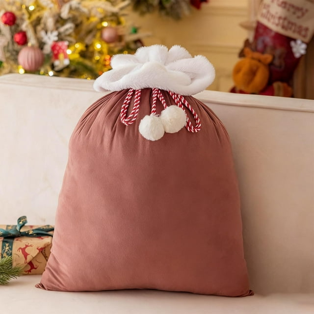 Bolsa de regalo de Navidad | Bolso con cordón rojo de terciopelo dorado | Grande 40x60cm | Saco decorativo navideño para regalos, decoración del hogar, envoltura festiva, almacenamiento reutilizable