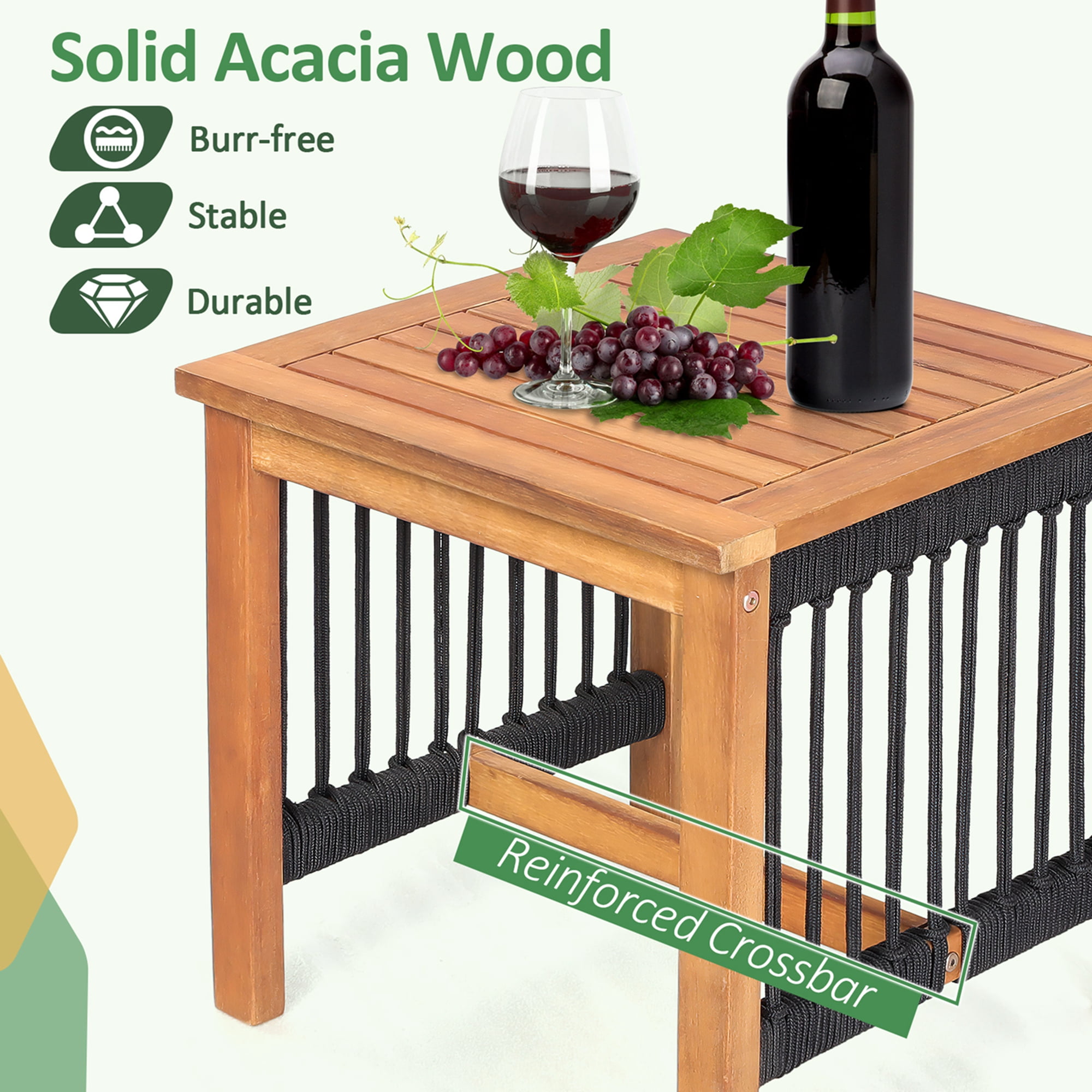 Costway 3pcs Patio Acacia Wood Bistro Table Rocking Chair Set All Weather Rope Outdoor