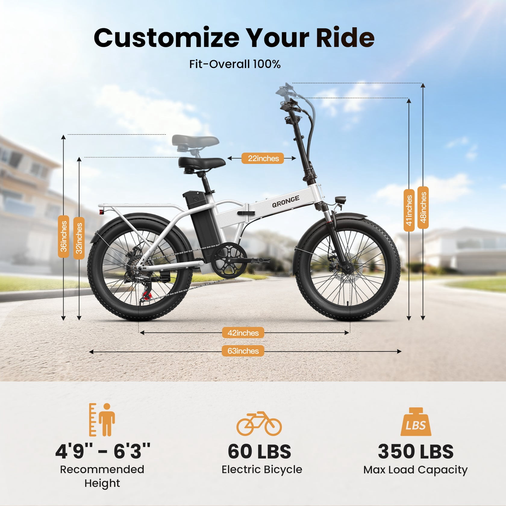 Qronge 1000W Folding Electric Bike for Adults 28mph 70Miles Max Range 20" Fat Tire Foldable Ebikes 48V 13.5AH Battery E-Mountain Bikes, UL2849 by SGS