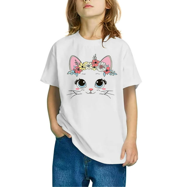 Rbaofujie T-Shirts Graphiques Mignons de Chat pour Fille Manches Courtes Hauts d'Été