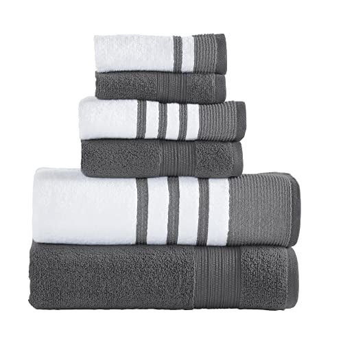 Modern Threads 6 Piece Set, 2 Bath Towels, 2 Hand Towels, 2 Washcloths, Quick Dry White/Contrast Reinhart Coal
