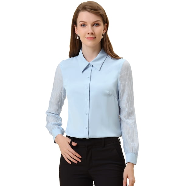 INSPIRE CHIC Blusa de chifón con botones y manga transparente texturizada para mujer Azul claro XS