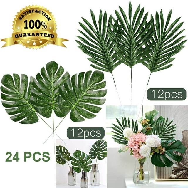 Coolmade 24Pcs Faux Palm Leaves with Stems Artificial Tropical Plant