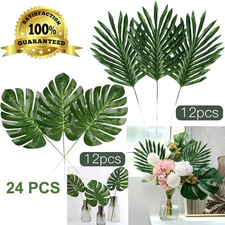 Artificial Palm Leaf Coolmade Faux Palm Leaves with Stems Artificial Tropical Plant Imitation Safari Leaves Hawaiian Luau Party Suppliers Decorations (24PCS 2kinds(12 Stemmed+12 Turtle Leaf Bundle)) ()