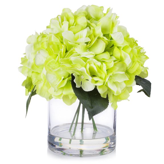 Enova Home Artificial Flowers Large Silk Hydrangea Fake Flowers Arrangement in Cylinder Glass Vase with Faux Water for Home Office Wedding Decoration (Green)