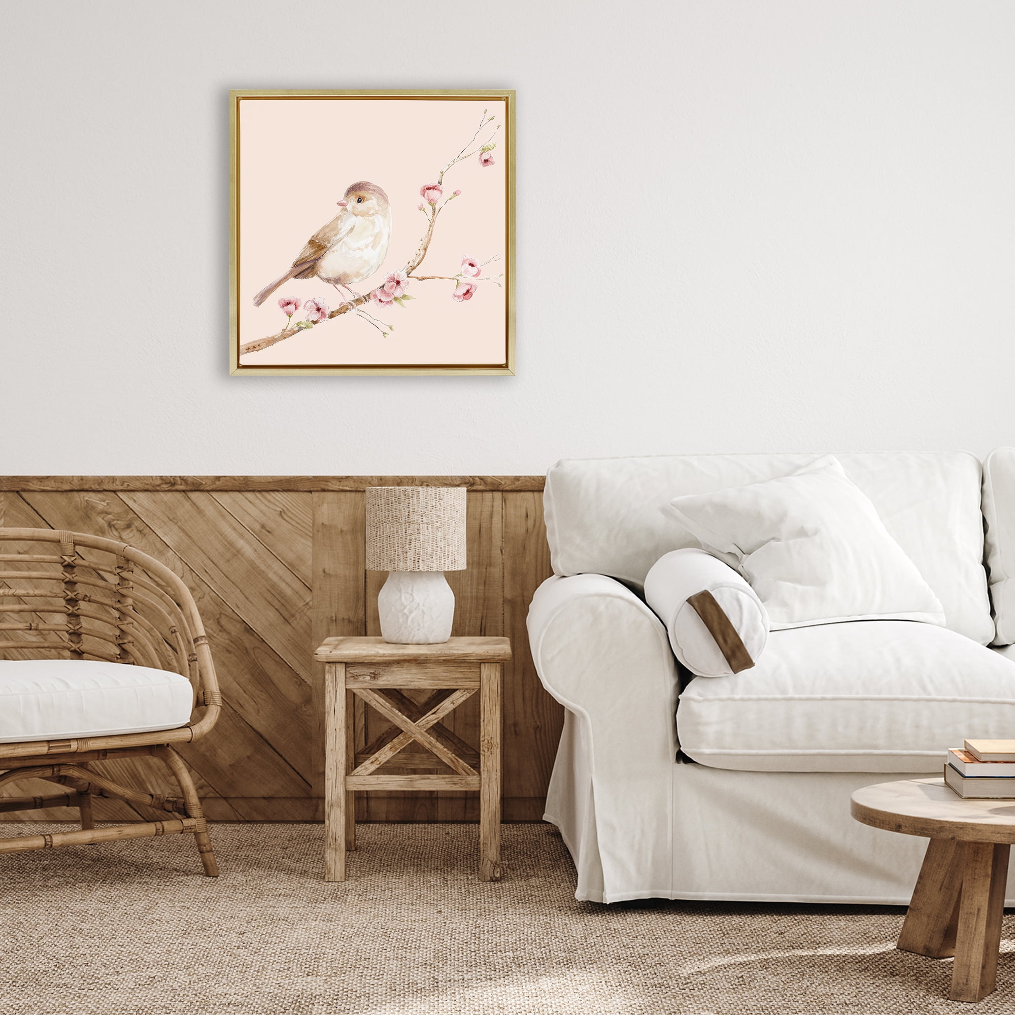 Sweet Brown Bird Perched Gold Framed Floater Canvas Wall Art, design by Lisa Wehmeyer