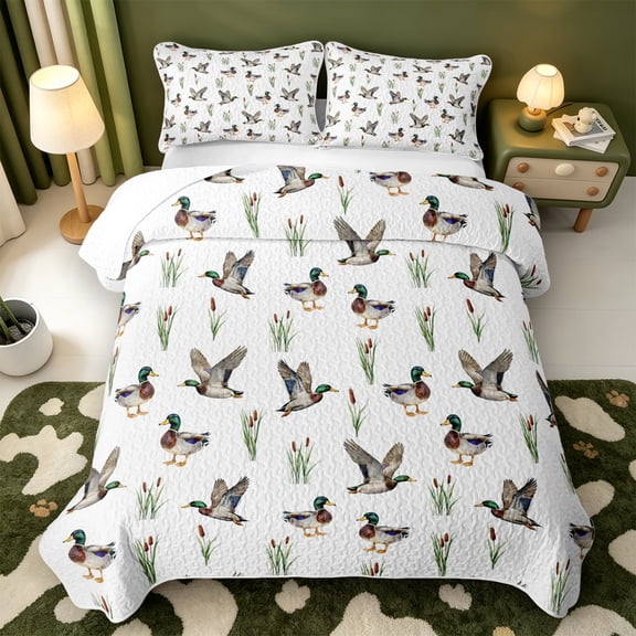Manfei Aquatic Bird Pattern Quilt Full,Farmhouse Cabin Full Bedspread Sets,3pcs,1 Coverlet and 2 Pillowcases