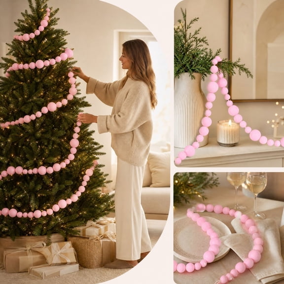 Yhmxh Fuzzy Ball Christmas Garland 6.5 Ft, Soft Plush Pom‑pom Beaded String Decor, Flexible Holiday Ornament Garland for Xmas Tree, Mantel, Staircase, Fireplace, Wall and Home Decoration