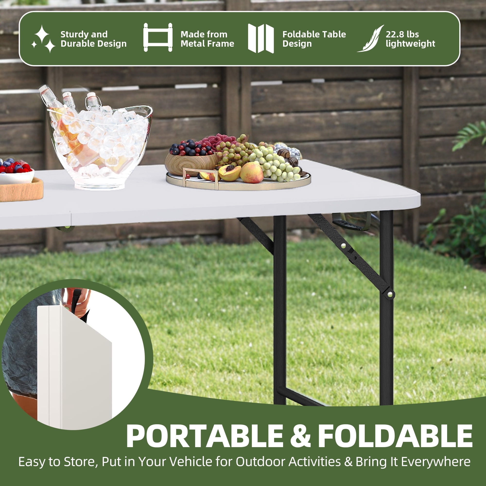 Uforic 6ft Heavy Duty Folding Table, 330 lbs Capacity Portable HDPE Table with Easy Carry Handle, Metal Legs, Stain Resistant for Indoor Outdoor Party Picnic Camping, Black