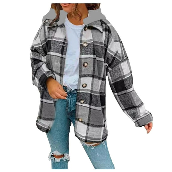 ZVAVZ Womens Plaid Shacket Jacket Plus Size Flannel Drape V Button Down Long Cardigan Fall Winter Coats for Women Gray,S