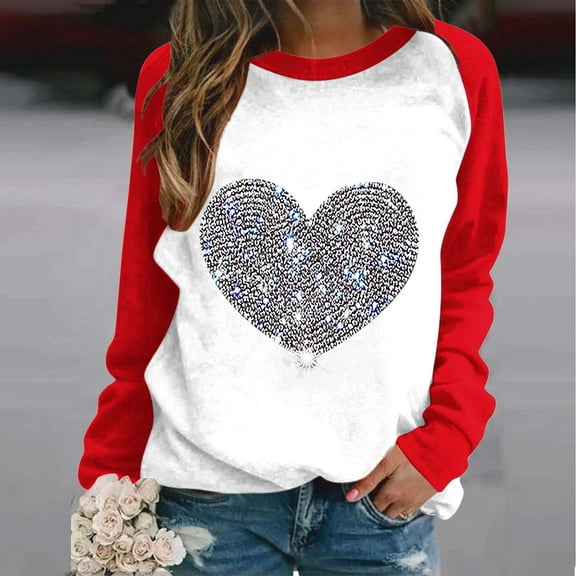 Zorckvet Womens Valentine Sweatshirts Heart Graphic Pullover Shirts Long Sleeve Plus Size Fashion Tops for Women Crewneck