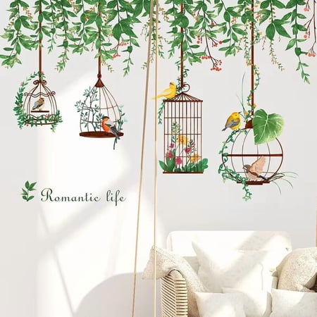 Branch Vine Birdcage Wall Sticker - Colorful Birds & Flowers, Pastoral Style, DIY Art Decor for Bedroom, Study, Living Room