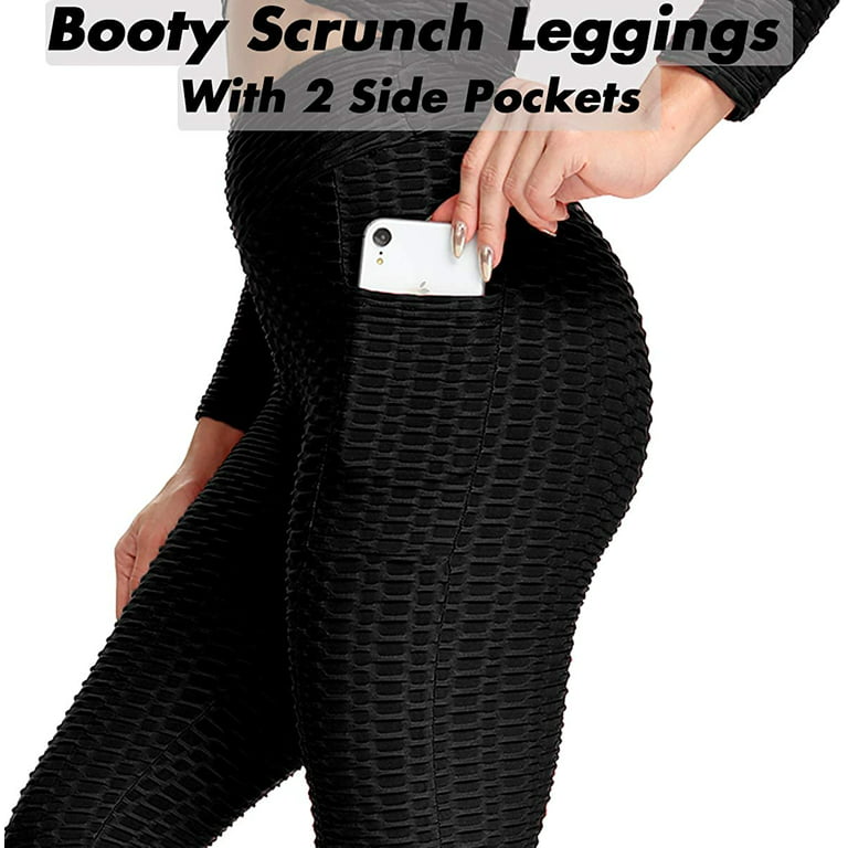 FITTOO Women's High Waist Leggings Tummy Control Scrunched Booty Tight  Workout Running Butt Lift Textured Pants Side Pocket Black Medium