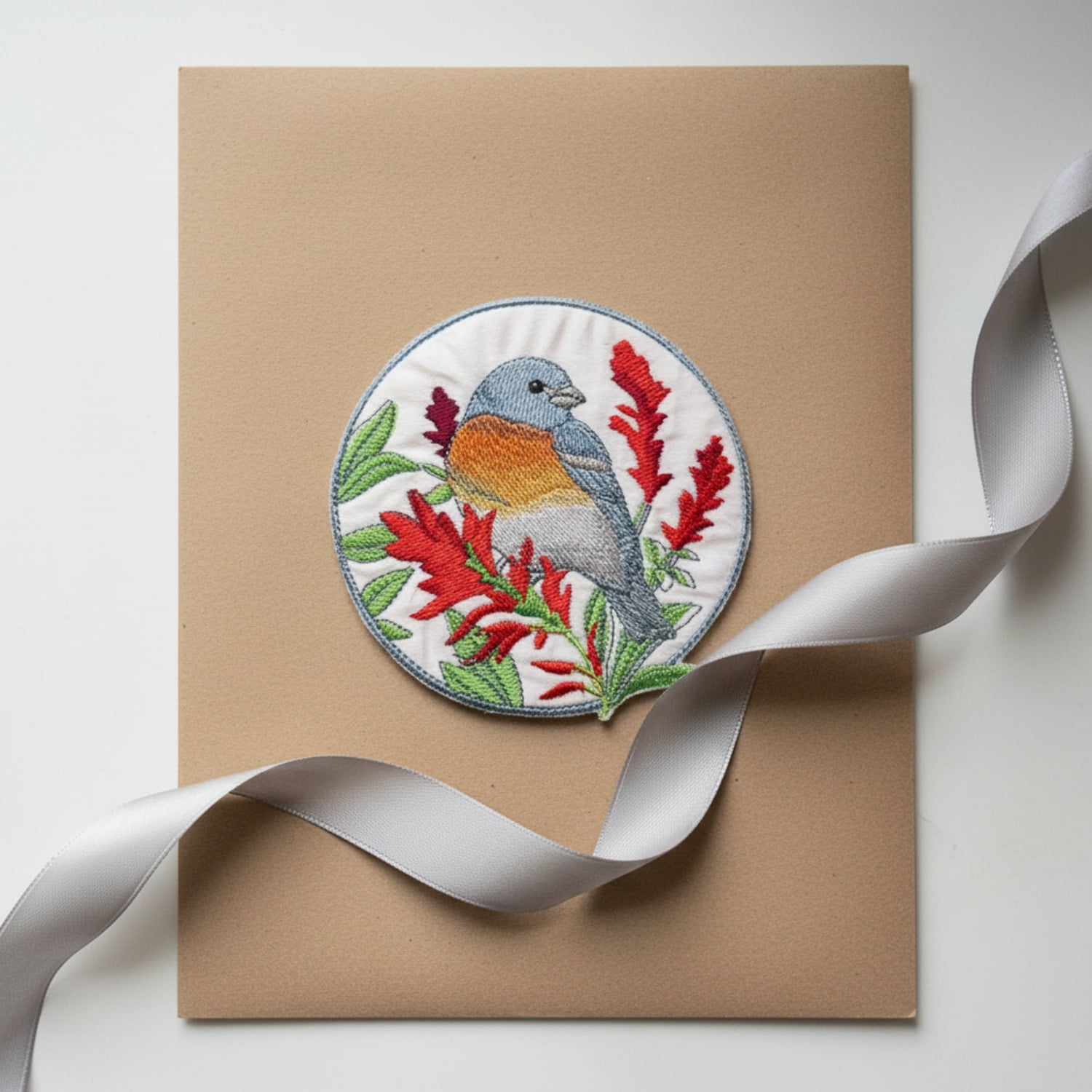 Lazuli Bunting And Indian Paintbrush Circle Embroidered Iron on patch [5" X 5"]