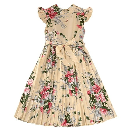 

Girls Kid Toddler Dresses Girl s Casual Dress Summer Scoop Flower Print Neck Sleeveless Flowy Print Plain Sundress Pleated Dress 5-6 Years