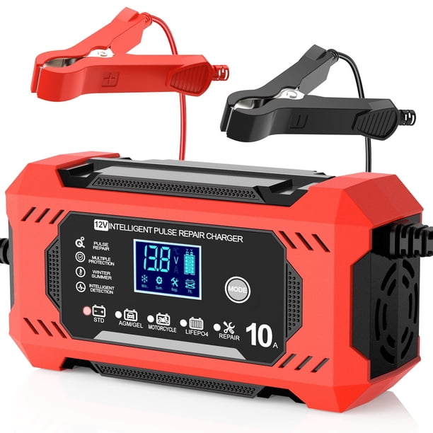 Cargador de Batería para Auto, Batería Inteligente de 12V 10A, Cargador de Goteo, Mantenedor de Batería Automotriz de 12V, Desulfatador con Compensación de Temperatura para Auto, Camión, Motocicleta,