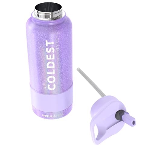 COLDEST Sports Water Bottle - 32 oz (Straw Lid), Leak Proof, Vacuum Insulated Stainless Steel, Hot Cold, Double Walled, Thermo Mug, Metal Canteen(32 oz, Saturns Moon Purple Glitter) The Coldest Water Ver descripción