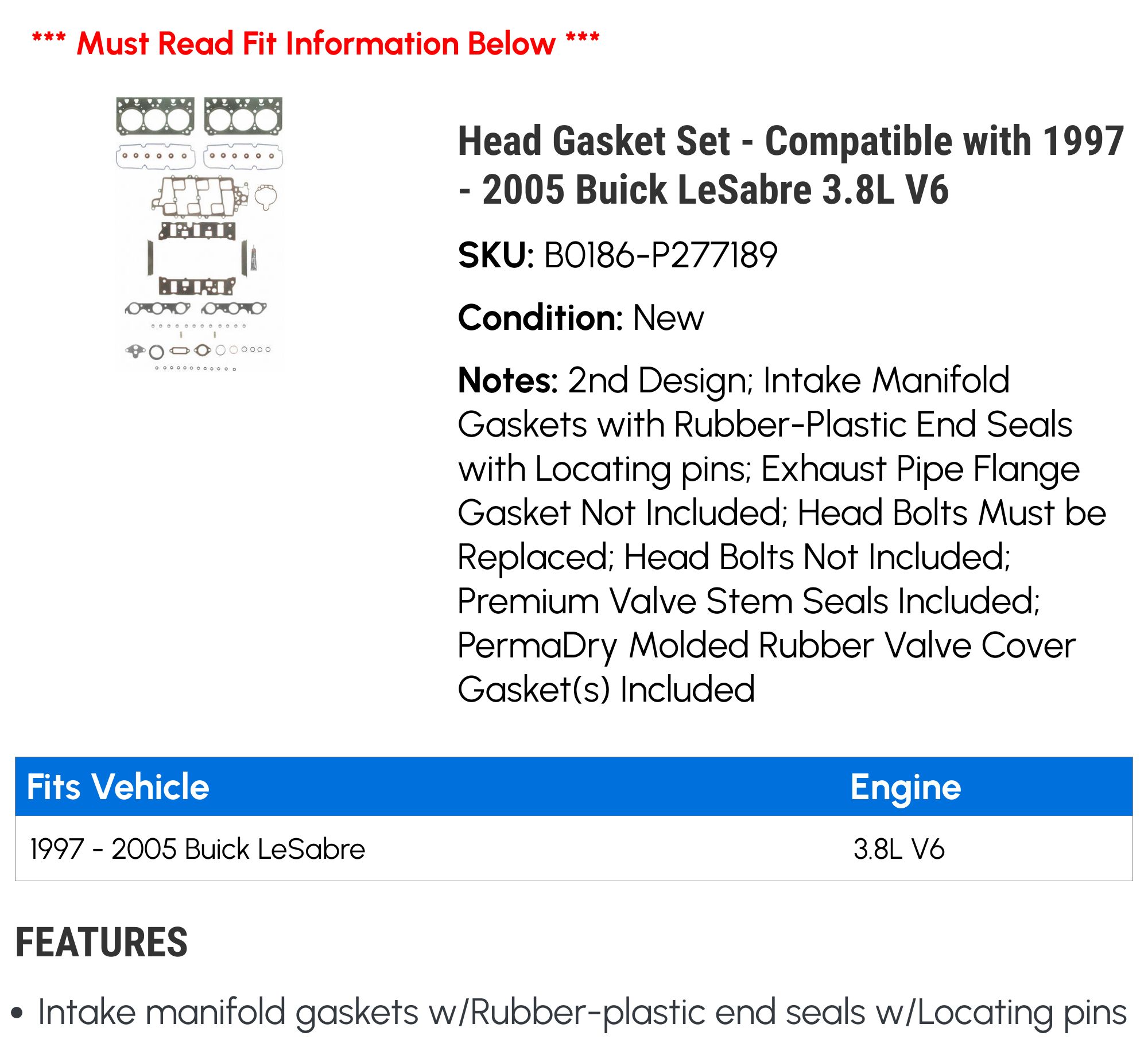 Head Gasket Set Compatible with 1997 2005 Buick LeSabre 3.8L V6 1998  1999 2000 2001 2002 2003 2004