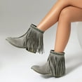 thumbnail image 4 of Boho Ethnic Cowboy Boots for Women Bohemian Long Fringe Suede Pointed Toe Wide Mid Calf Cowgirl Dress Booties Grey Size 8.5, 4 of 7