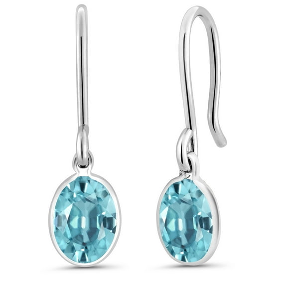 Gem Stone King 2.40 Cttw Blue Zircon French Wire Dangle Earrings for Women | 925 Sterling Silver | Gemstone December Birthstone | Oval 7X5MM | Fine Jewelry Gifts for Her Mom Women Wife