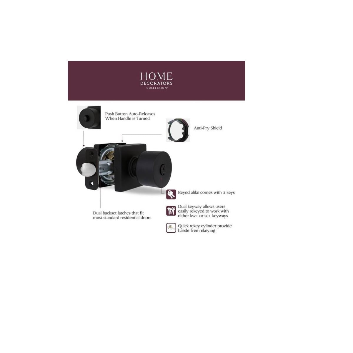 Ridgeway Matte Black Keyed Entry Door Knob with Square Rose Featuring Dual Keyway