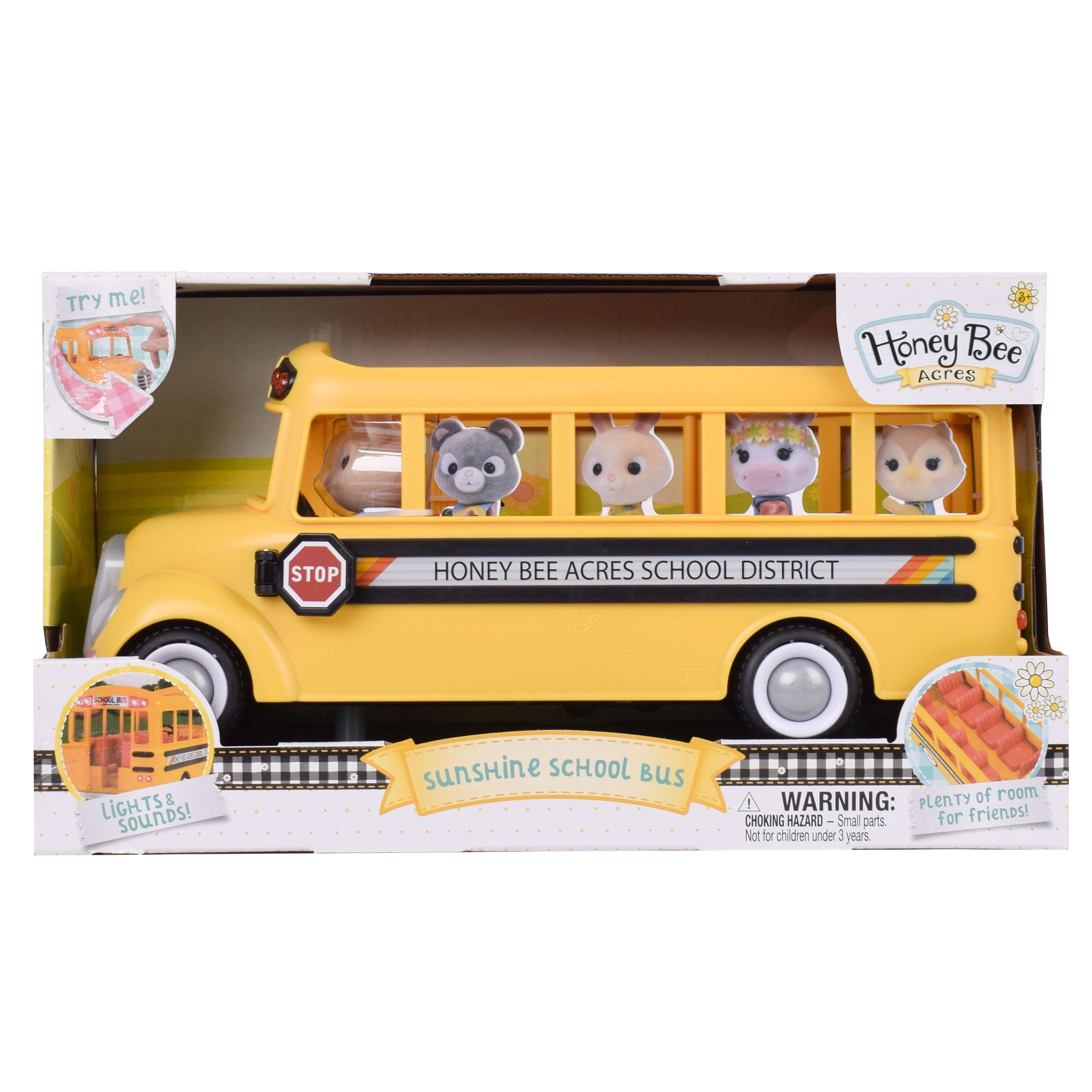 Honey Bee Acres Sunshine School Bus – Vehicle Toy with Lights & Sounds, Opening Doors, and Mouse Figure – Pretend Play Dolls for Kids Ages 3+