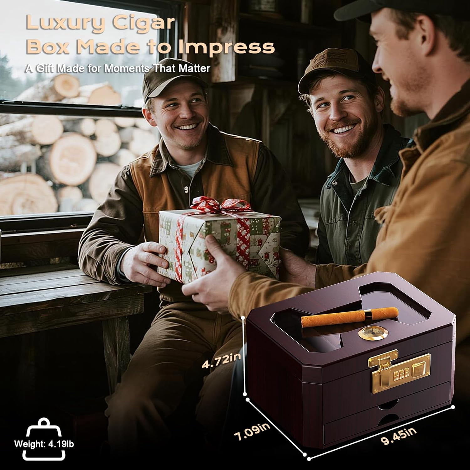 Premium Cedar Wood Cigar Humidor Box with Glass Top, Combination Lock, Hygrometer & Complete Accessories Kit for Men