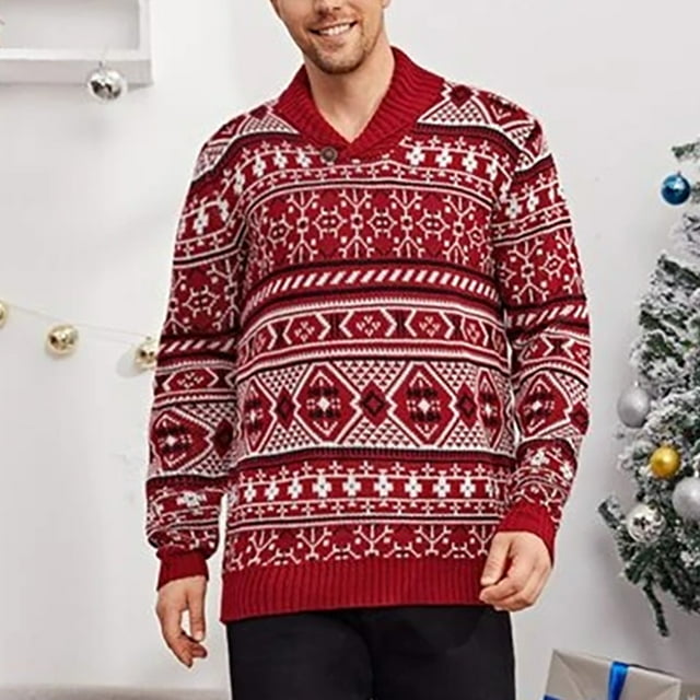 EGNMCR Chandail pour Homme Chandail de Noël pour Homme à Motif Col à Revers Tricoté Garde au Chaud Confortable Mode
