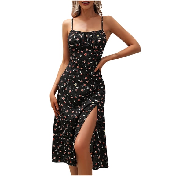 Dezsed Summer Dresses for Women Spaghetti Strap Floral Midi Dress 2025 Trendy Sleeveless Slit Beach Boho Sundresses Black 2XL