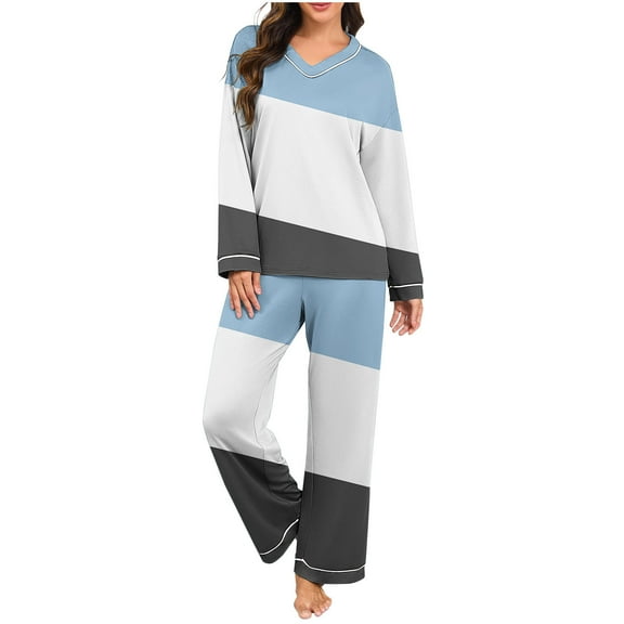 Cavosen Pajamas for Women Set V NeckLong Sleeve Pajama Set Stripe Loungewear Fall Sleepwear