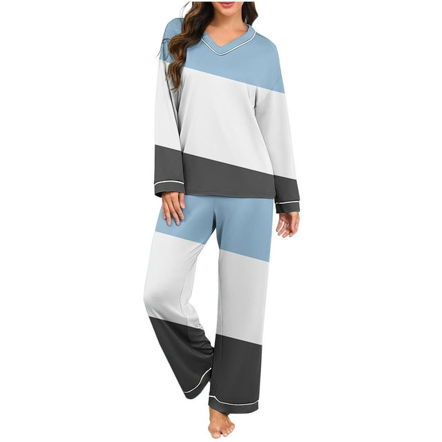 Ensemble de Pyjama pour Femmes, Pantalon Décontracté à Manches Longues Col en V Couleur Unie, Ensemble de Pyjama pour Femmes
