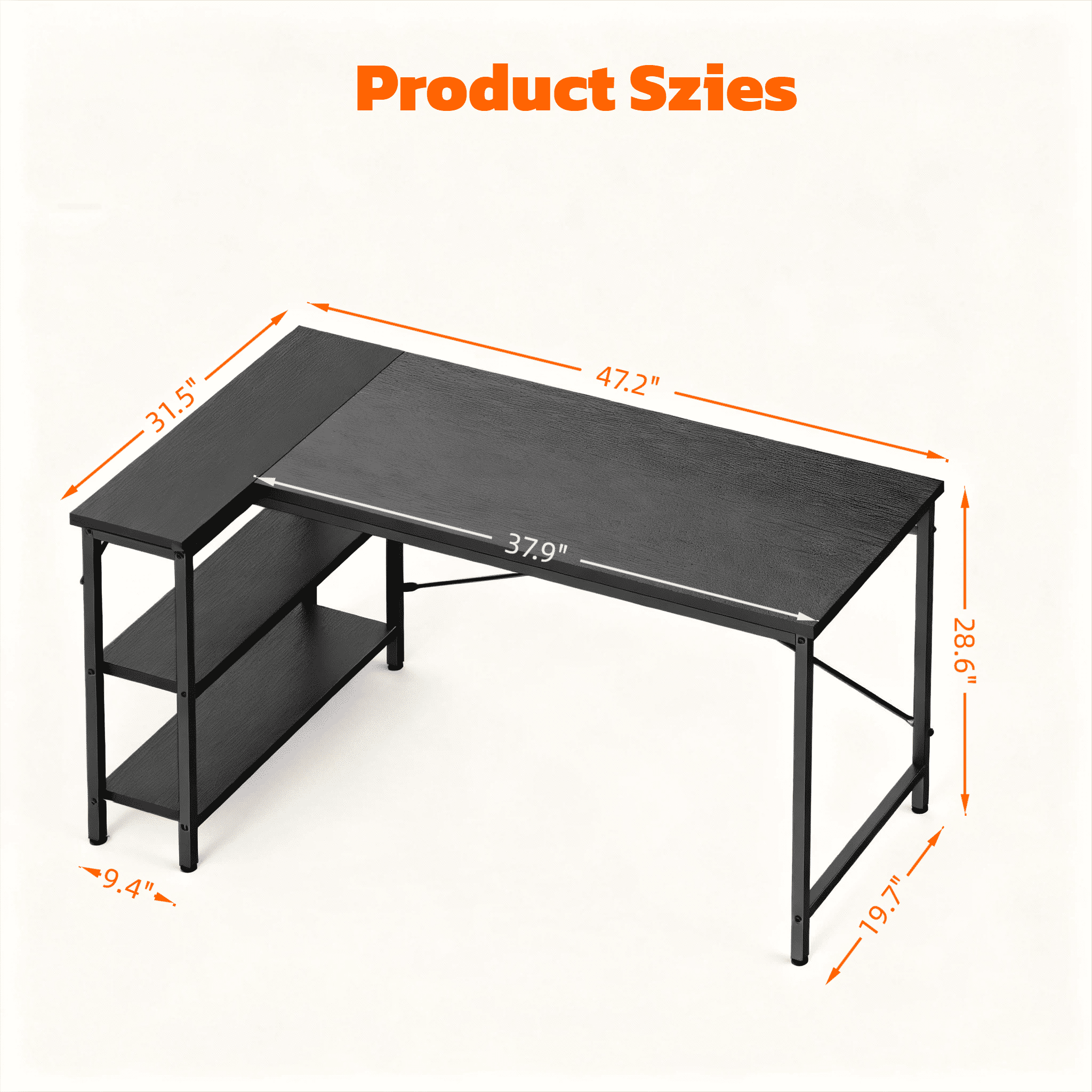 CONCETTA 47” L Shaped Computer Desk with Reversible Storage Shelves, Corner Gaming Desk with PC Stand, Home Office Writing Study Table, Brown