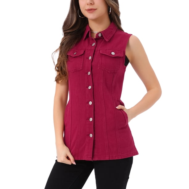 CHALECO DE MEZCLILLA PARA MUJER INSPIRE CHIC SIN MANGAS, CIERRE DE BOTONES, LONGITUD MEDIA, VESTIDO CASUAL, TALLA XS, ROJO OSCURO
