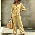 thumbnail image 4 of SELONE Dressy Matching Sets for Women Plus Size Plaid Henley Ruffle Blouse Wide Leg Long Pants Casual Workout Outfits, 4 of 7
