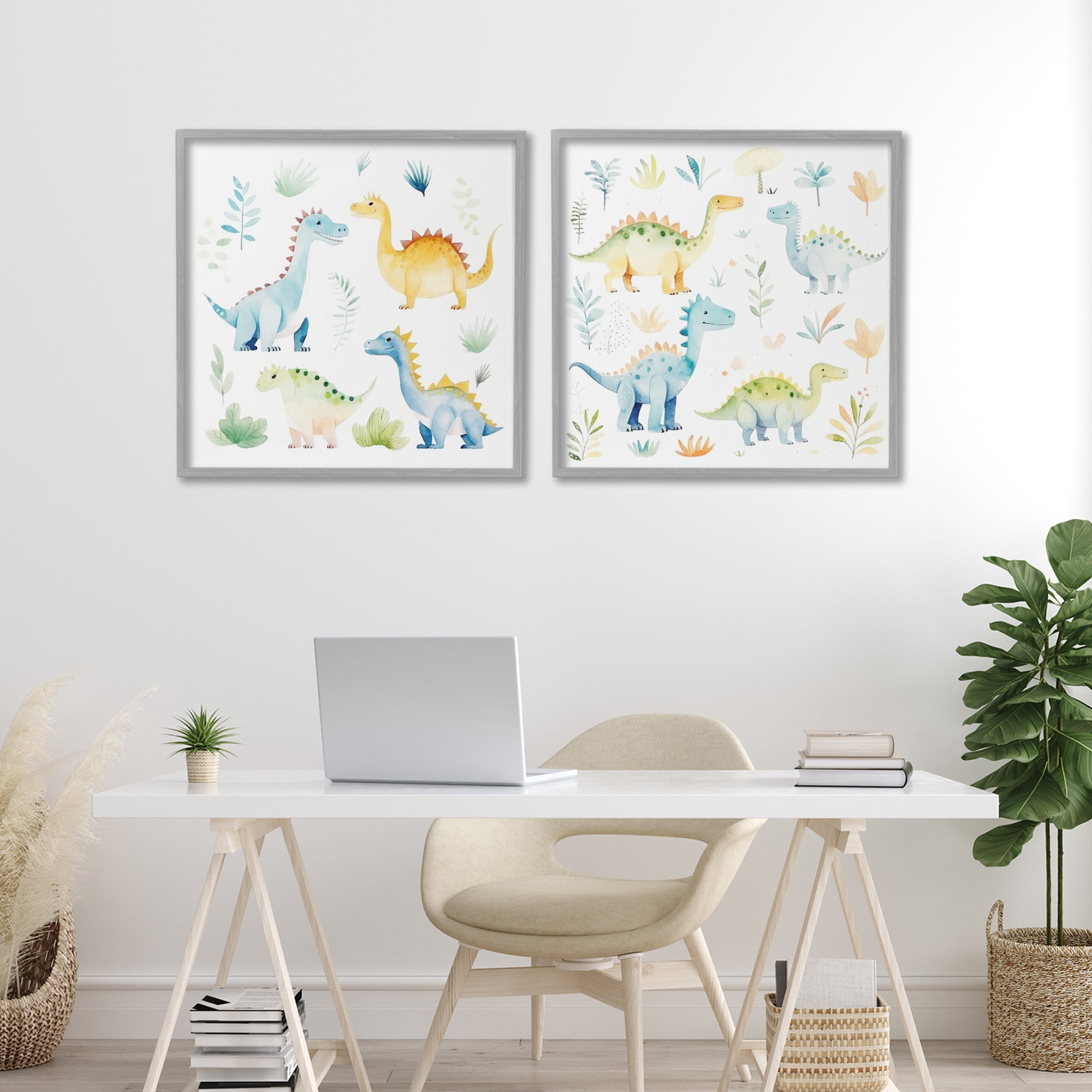 Stupell Industries Playful Dinosaur Wonders 2 Piece Gray Framed Giclee Art Set, design by Lazar Studio