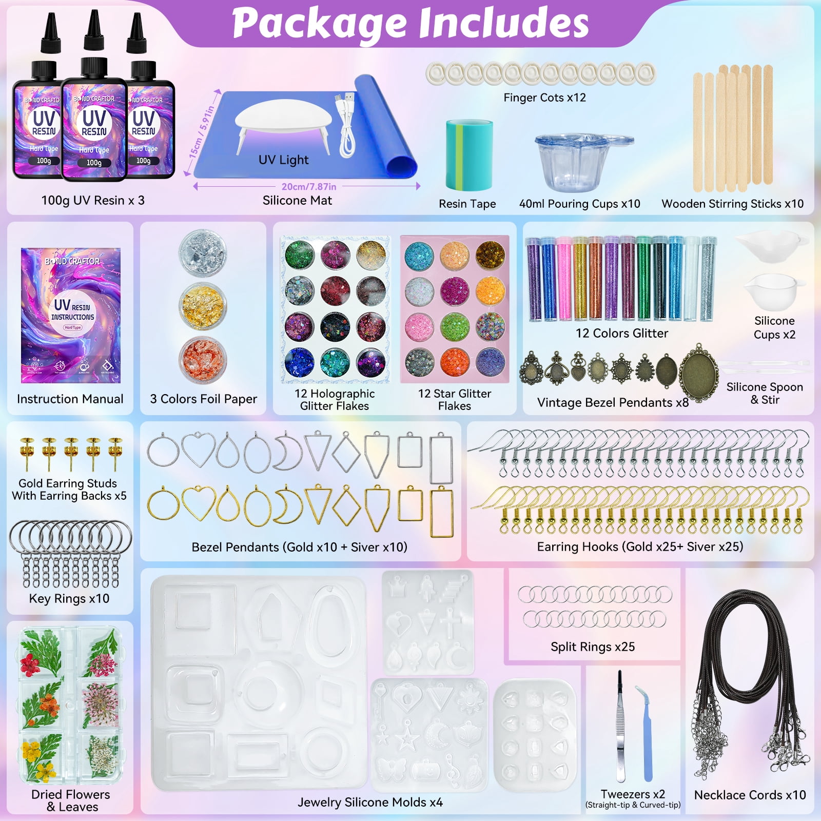 Bond Craftor 300g UV Resin Jewelry Making Kit, Crystal Clear with UV Light, Molds & Accessories for Diy Earrings Necklace Keychain Pendant Crafts