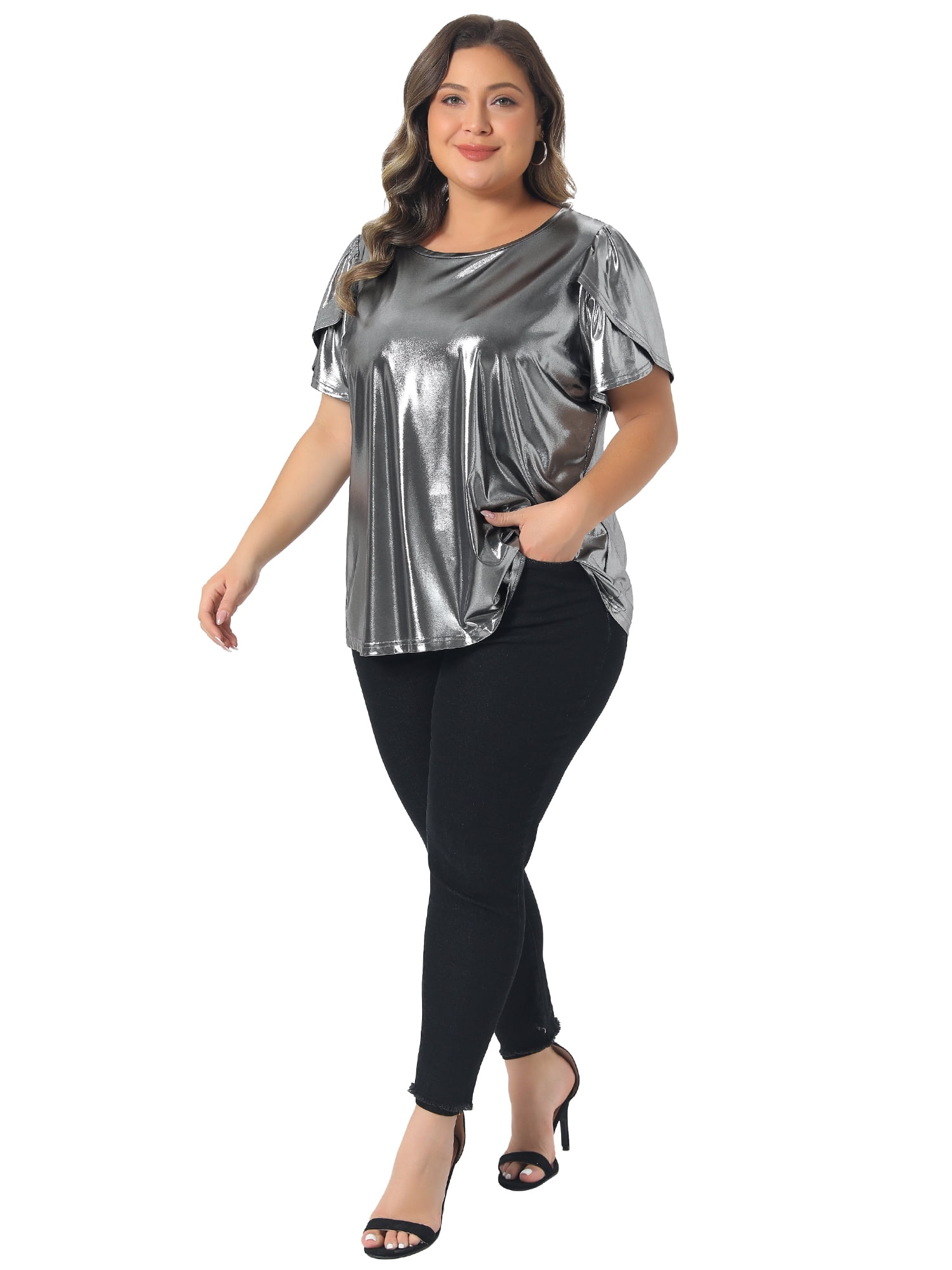 DARING DIVA Women's Plus Metallic Crew Neck Short Sleeve Tops 2X Silver