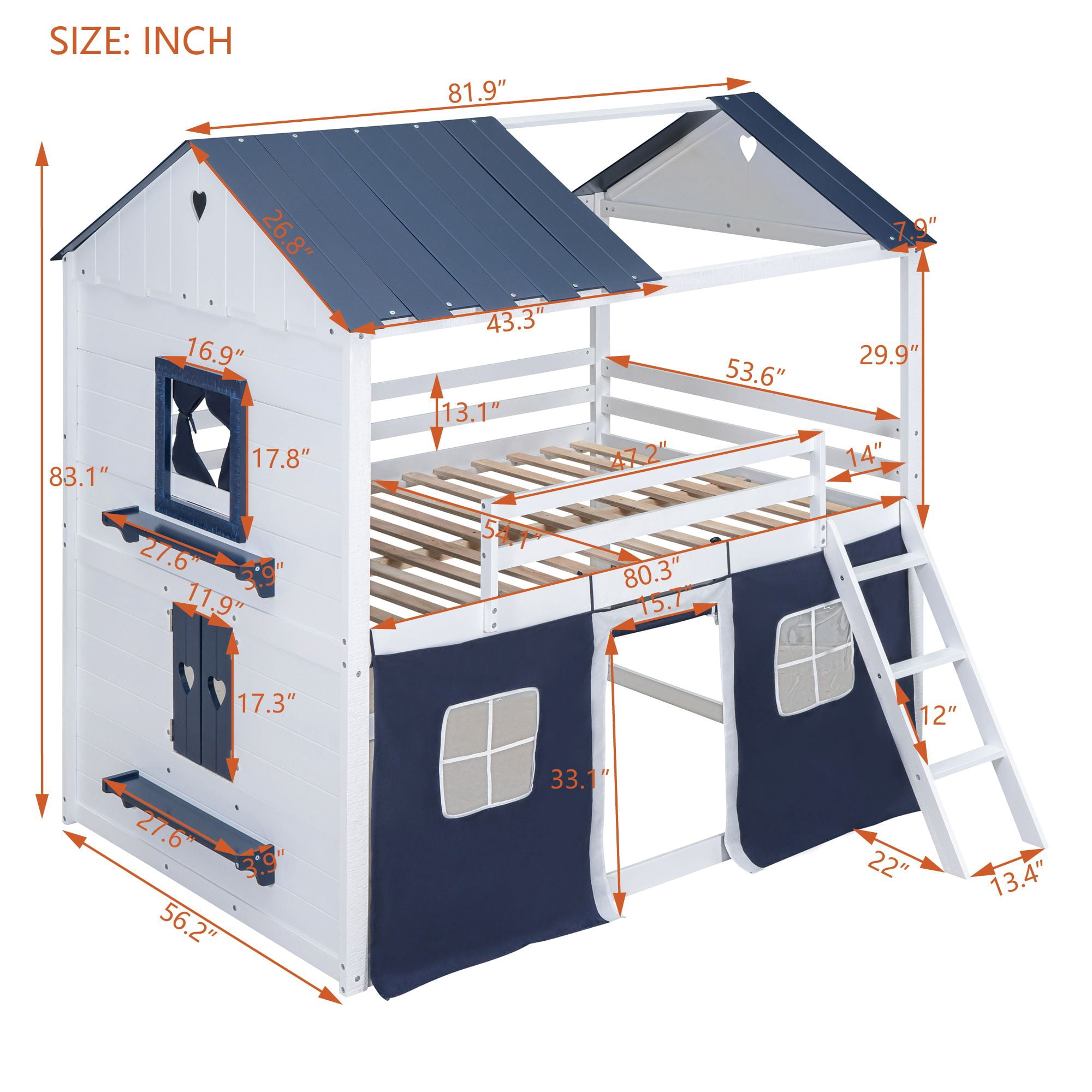 Aukfa Full over Full Bunk Bed with Tent and Roof, Wood Playhouse Bed for Kids, Blue