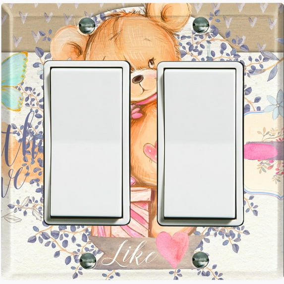 Metal Light Switch Wall Plate Outlet Cover (Teddy Bear Love Heart Flower Bouquet Present Butterfly Wreath - Double Rocker)