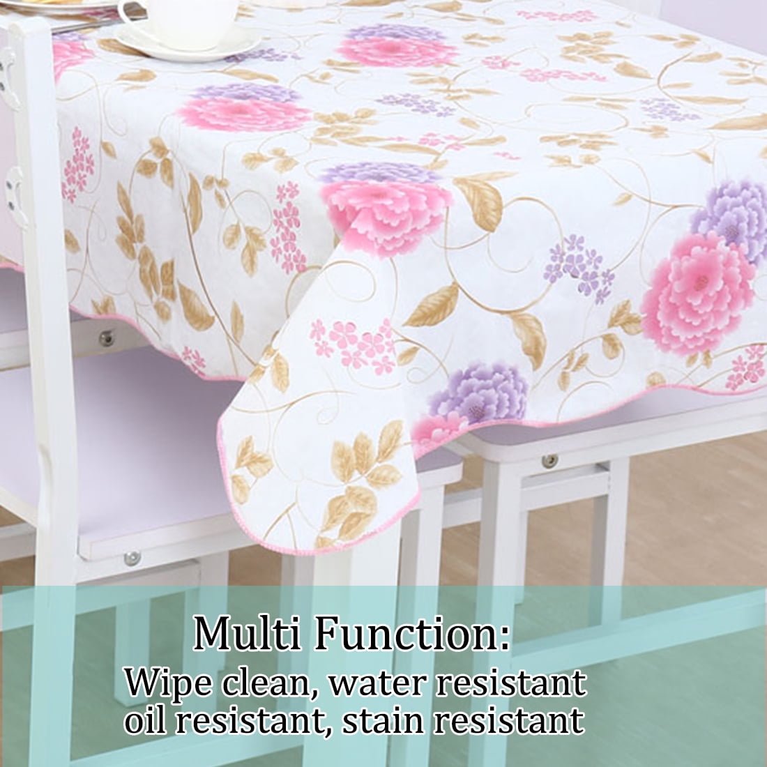 Unique Bargains Vinyl Rectangle Table Cover Purple Pink Floral Tablecloth 54" x 71"