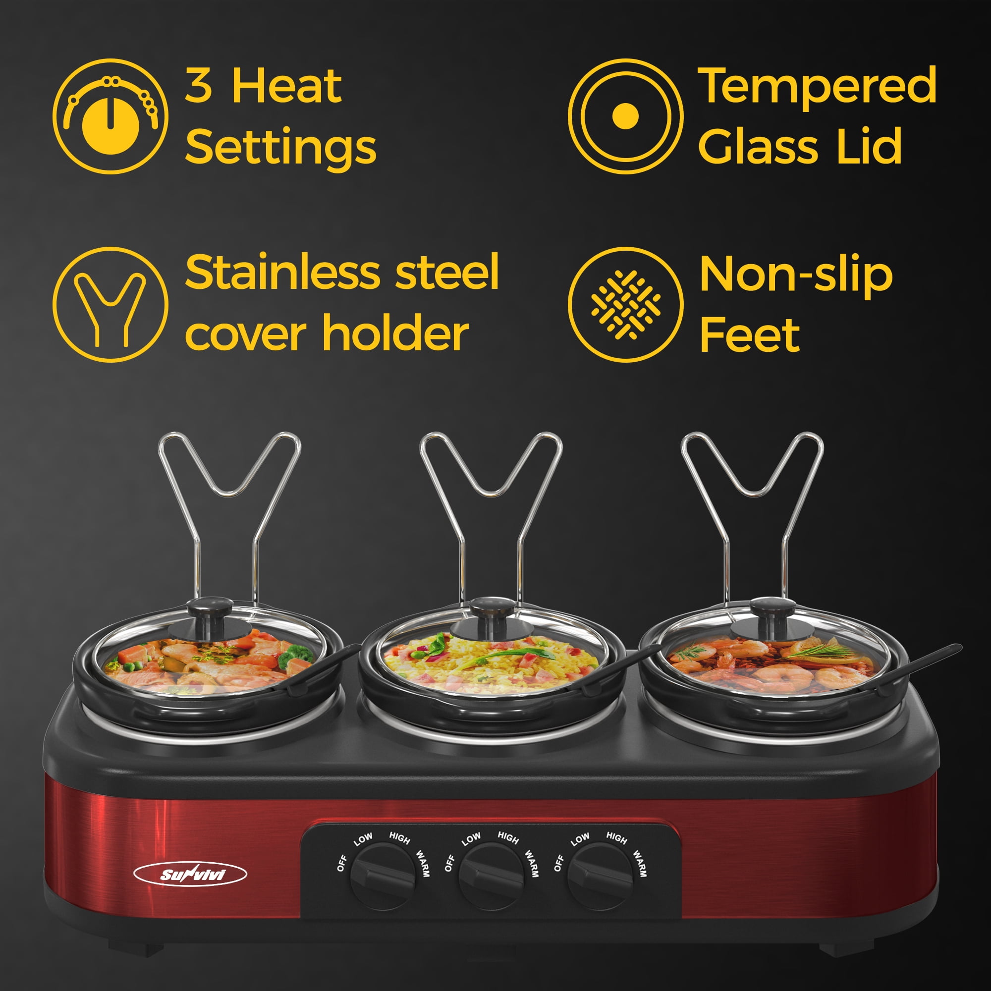 HEYNEMO Triple Slow Cooker with Non-Skid Feet, 3×1.5 QT Slow Cooker Buffet  Server, 3 Pots Food Warmer Adjustable Temp Lid Rests Stainles