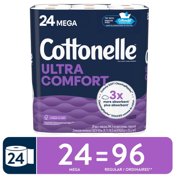 Cottonelle Ultra Comfort Toilet Paper, Strong Toilet Tissue, 24 Mega Rolls (24 Mega Rolls = 96 Regular Rolls), 244 Sheets Per Roll