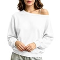 thumbnail image 2 of Vivianyo HD Women's Off Shoulder Fall Pullover Sweatshirt, Womens Long Sleeve Ribbed Cuff and Hem Solid Casual Winter Sweat Tops for Loungewear, Women's White, Sizes S-3XL, 2 of 7