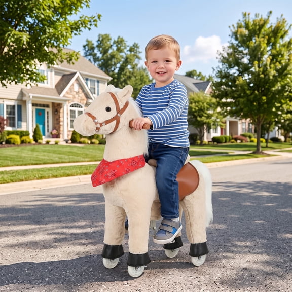 Ride on Horse for Kids 2 Years, 29.5" Height Plush Ride On Pony Wheels and Neighing Sounds, Light Brown