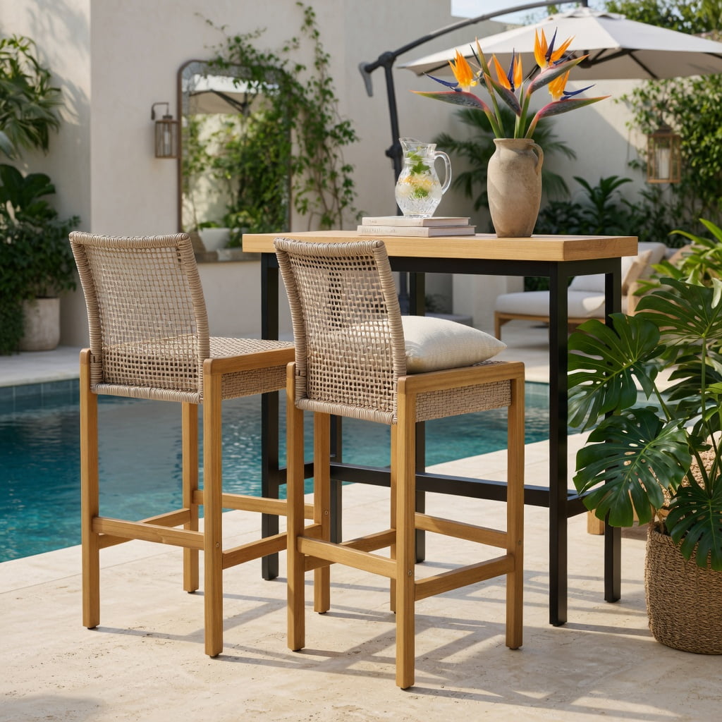 Hommoo 2-Pack PE Rattan & Teak Acacia Wood Bar Stools with Backrest, Indoor/Outdoor Patio Dining Chairs, Ergonomic Design, Light Brown
