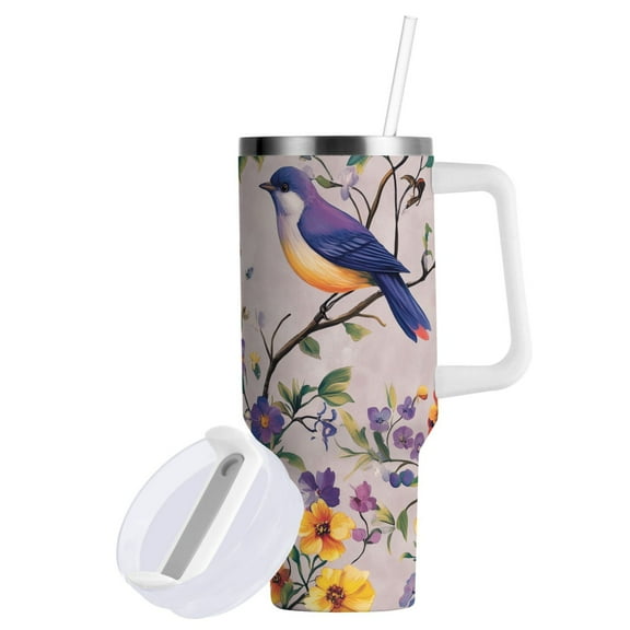 Yayeee 40oz Double-Wall Insulated Stainless Steel Tumbler with Handle Bottle, Purple Floral Pattern