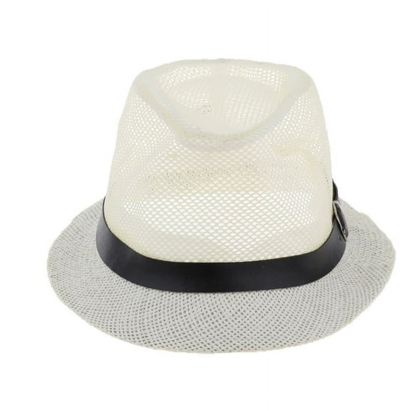 Straw Fedora Hat Cuban Short Brim Trilby Summer Beach Sun Panama Gangster Cap Mens Kids - Khaki XL