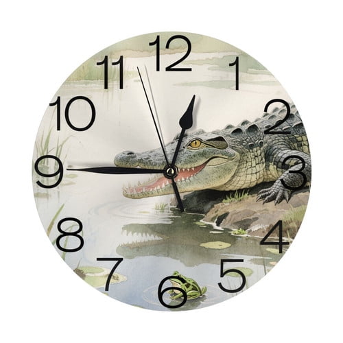 Zhmjortal Crocodile Pattern Wall Clocks Battery Operated 10 inch - Quiet Silent Round Clock Non-Ticking Desk Clock Decor for Kitchen Bathroom Living Room Office School Home Decorations